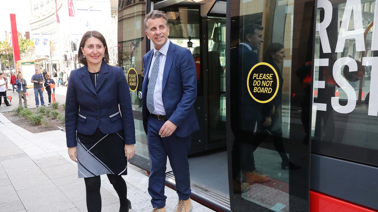 NSW Premier Gladys Berejiklian and Transport Minister Andrew Constance will hope voters welcome Sydney’s new light rail system. Picture: Richard Dobson