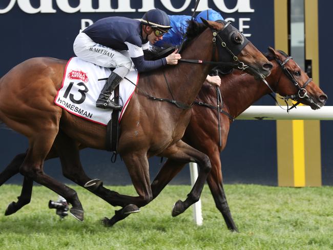 Jockey Pat Cosgrove and Best Solution (right) edge out Homesman to win the Caulfield Cup.