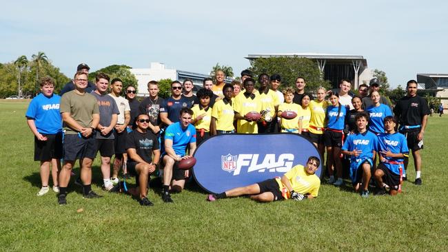 Darwin Middle School students playing Flag Football against United States Marines at DMS, 19 May 2025. Picture: Jason McIntosh