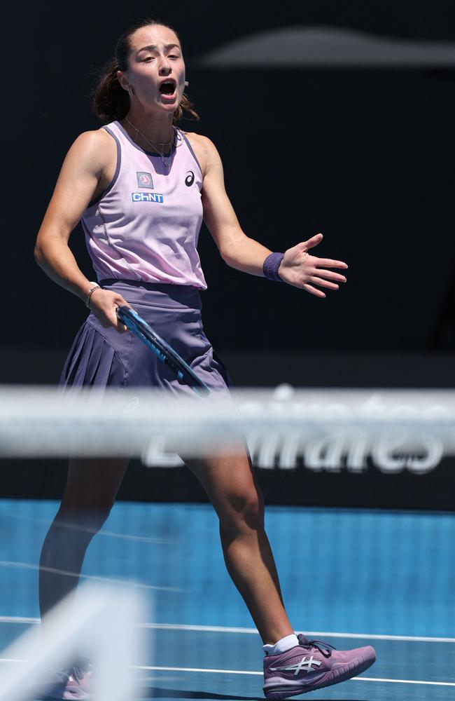 A frustrated Zeynep Sonmez was unable to break through for her first grand slam win after struggling under the Melbourne sun. Picture: Adam Dennis / AFP