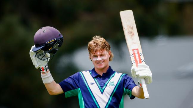 Olive Peake raises the bat after a hundred against Tasmania. Picture: Dylan Burns.