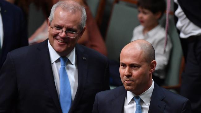 Scott Morrison and Josh Frydenberg on budget night in Canberra. Picture: Getty Images