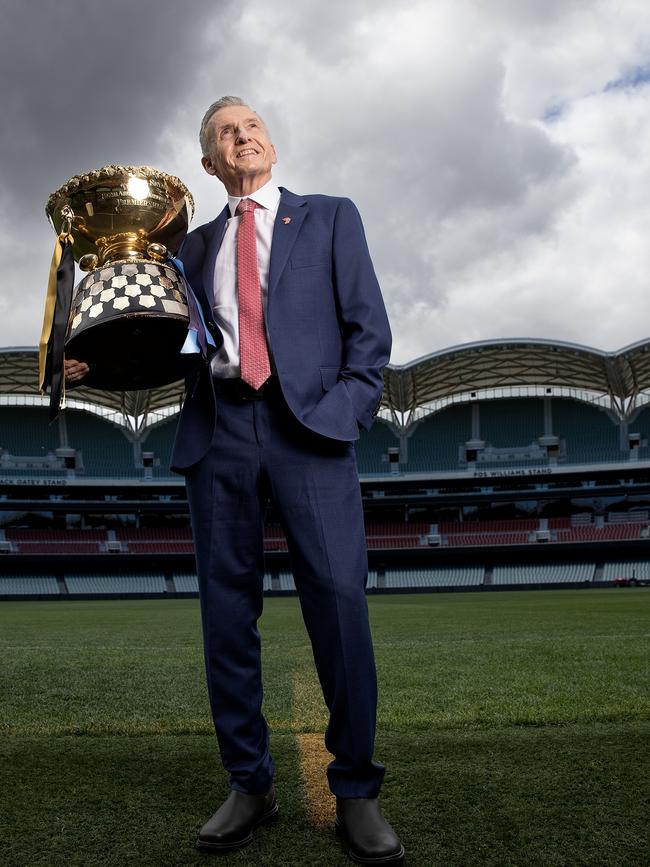 Bruce McAvaney with the Thomas Seymour Hill premiership trophy. Picture: Sarah Reed/SANFL