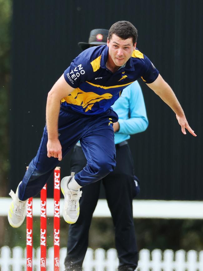 Jackson Smith bowling for the Gold Coast Dolphins against Norths during the First Grade One Day Cricket Grand Final at Wooloowin. Picture Lachie Millard