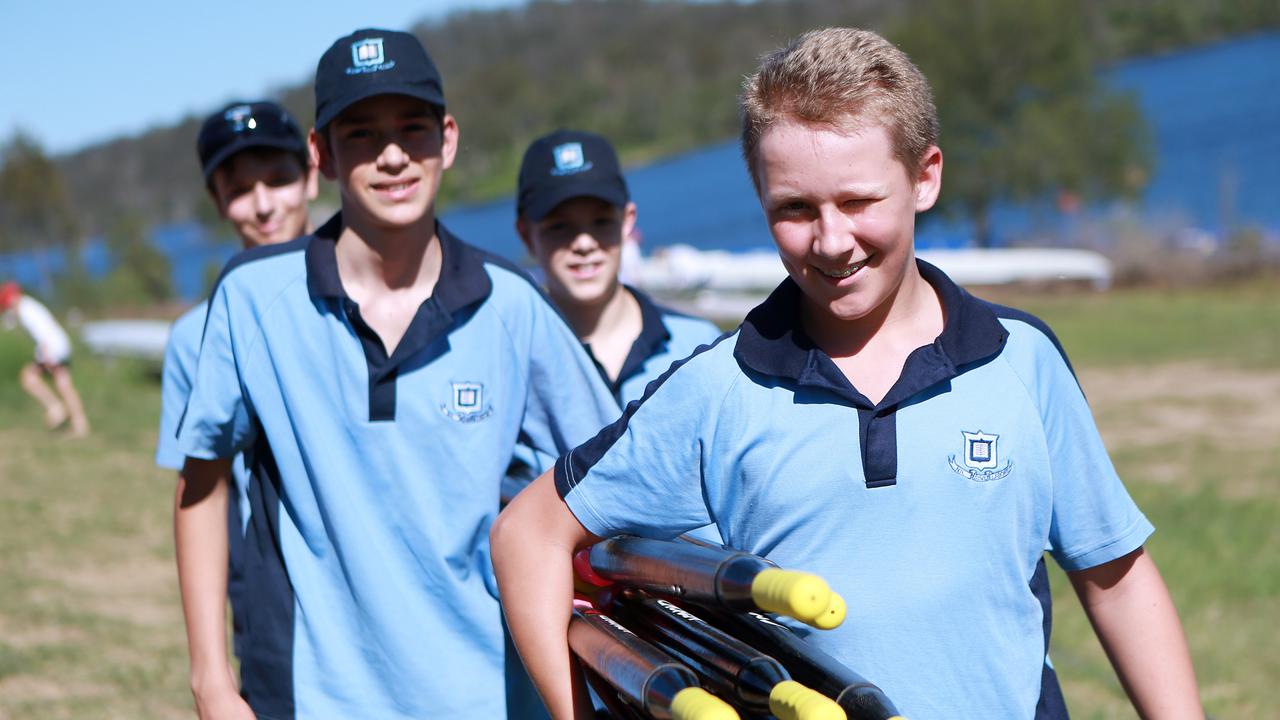 From left, Tom Rutter, Jackson Holmes and Seth Fidler, all 14, and Sam Forbes, 13, at the GPS Head of the River, Lake Wyaralong. Picture: Sarah Marshall/AAP