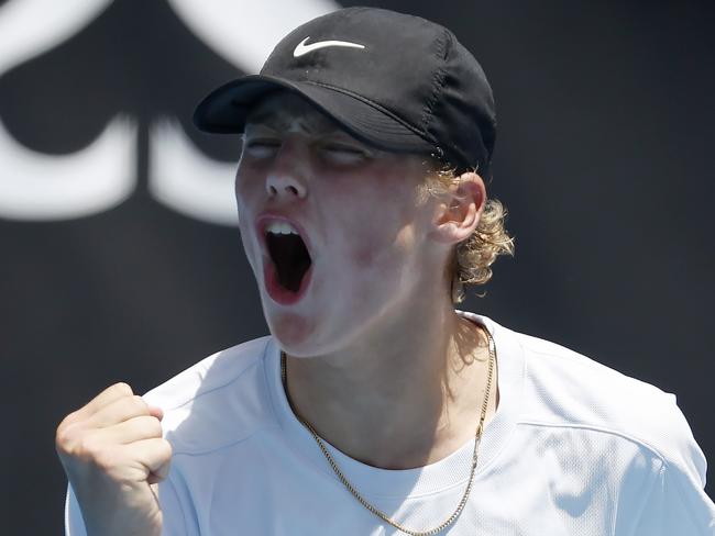 NCA. MELBOURNE, AUSTRALIA. 7th January 2025.   Australian Open Tennis at Melbourne Park.   Qualifying tournament. Cruz Hewitt vs Nikoloz Basilashvili on court 3.  Cruz Hewitt fires himself up during todays qualifying match against  Nikoloz Basilashvili   .  Picture: Michael Klein