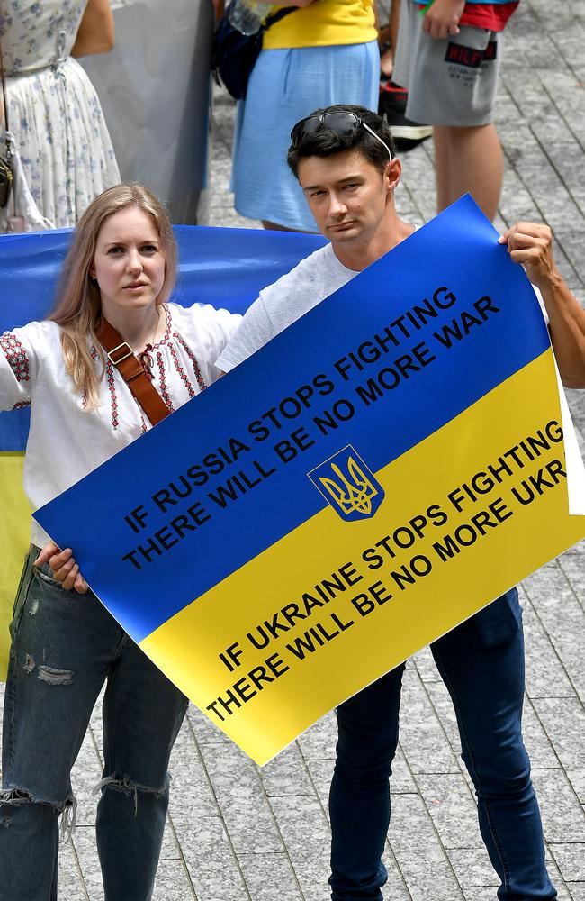 Yuliia Chertovskykh and Craig Johnson at the Brisbane Ukraine Community Rally in King George Square. Picture: John Gass