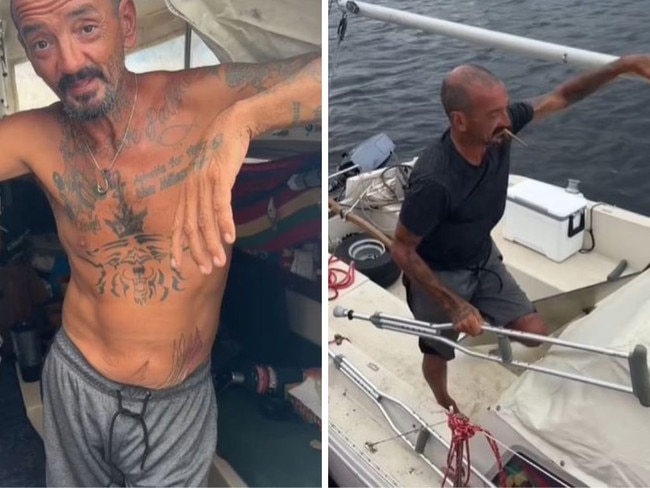 One-legged sailor “Lieutenant Dan” is refusing to leave his boat in Tampa Bay despite Hurricane Milton set to whip up a 15-foot storm surge. Picture: TikTok