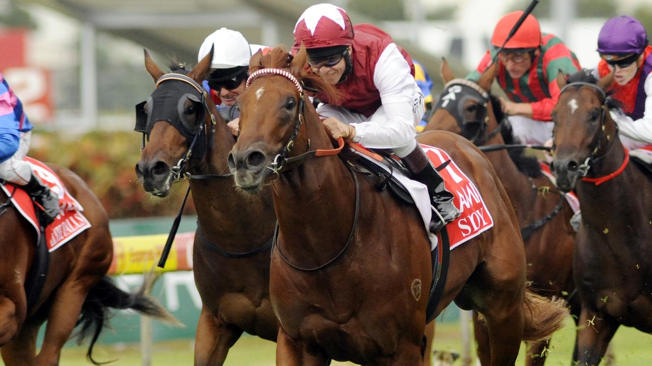 Racehorse Sepoy ridden by jockey Kerrin McEvoy winning Race 7 the Golden Slipper at Rosehill Gardens Racecourse in Sydney.