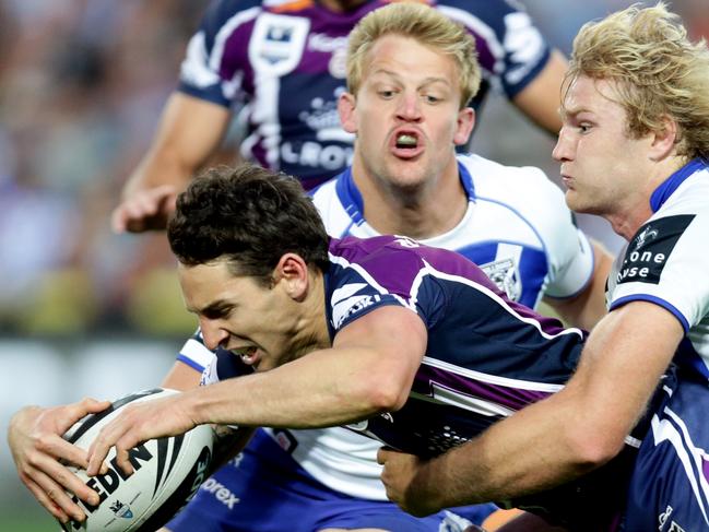 NRL Grand Final 2012 - Canterbury Bankstown Bulldogs vs Melbourne Storm  @ ANZ Stadium Homebush . Billy Slater try .Pic Gregg Porteous