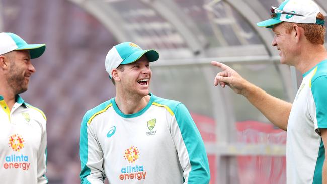 Matthew Wade and Steve Smith with interim coach McDonald. Picture: Getty Images