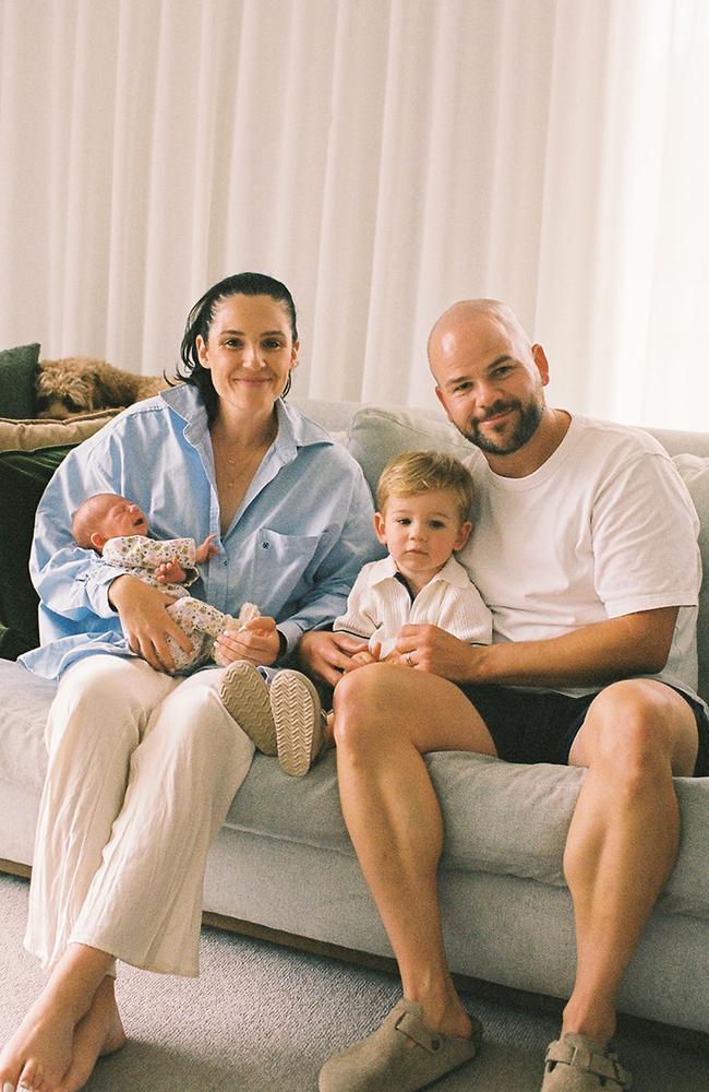 Kate Stephens with her daughter Poppy, six weeks, husband, Brad, and son Finn, two.