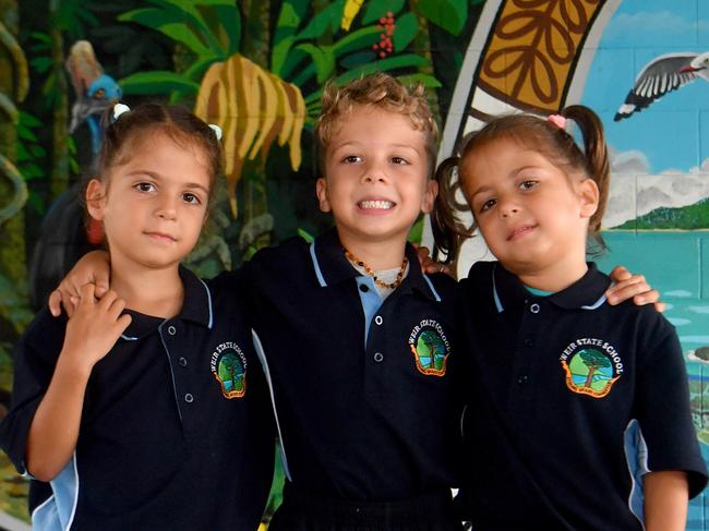 Henrietta, Thinley and Abigail Mabo on their first day at Weir State School. Picture: Evan Morgan