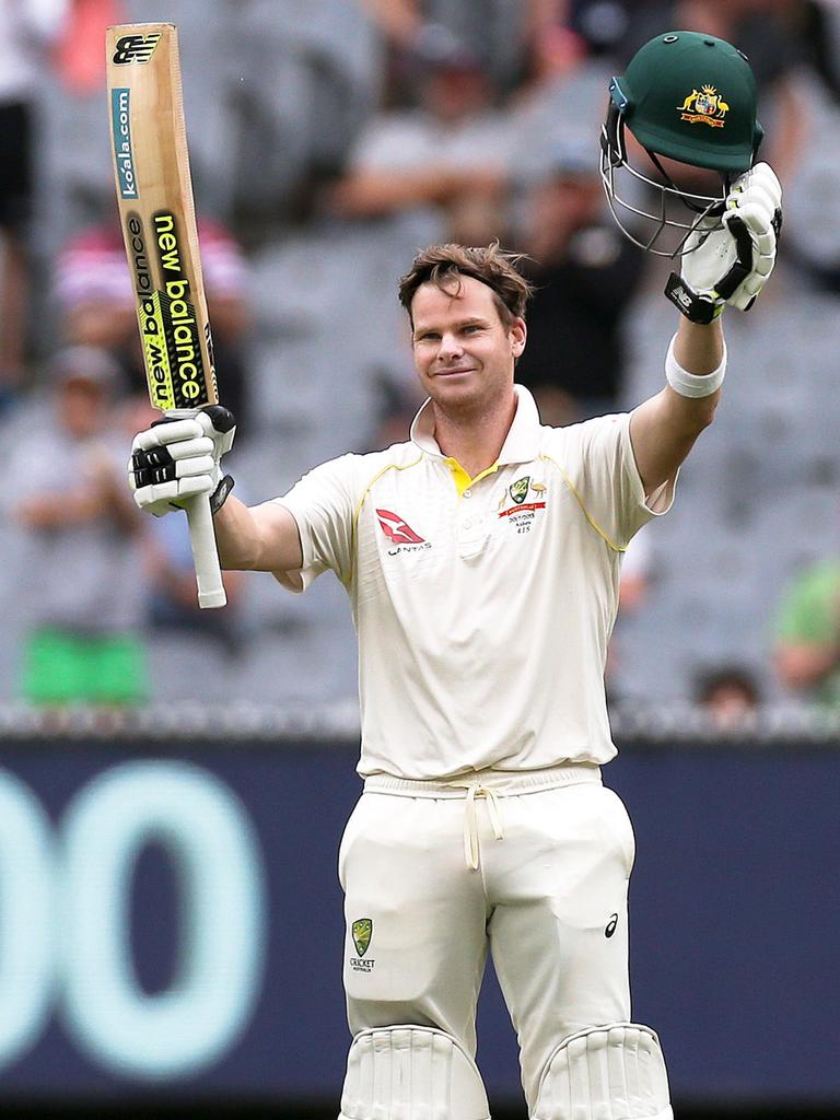 Steve Smith celebrates his Boxing Day ton. Picture: AAP