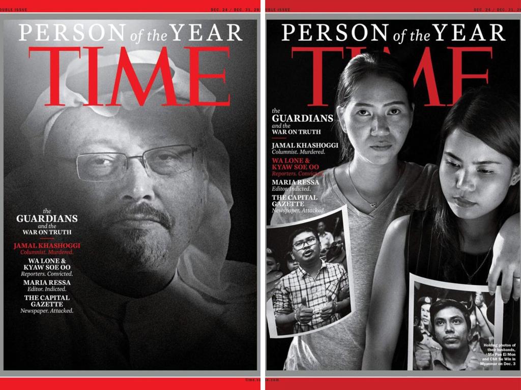 In 2018, the Time magazine "Person of the Year" was given to "The Guardians", split between journalists who faced persecution, arrest or murder for their reporting. This cover shows Saudi journalist Jamal Khashoggi, who was murdered at his country's Istanbul consulate and Reuters reporters Wa Lone and Kyaw Soe Oo, who were imprisoned in Myanmar. They were freed in 2019. Photo by Moises SAMAN / TIME Inc. / AFP