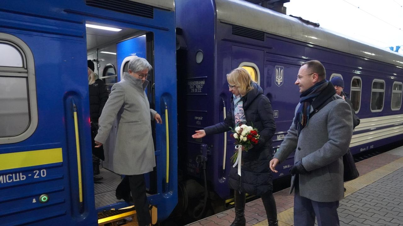 Foreign Minister Penny Wong arrives in Kyiv, Ukraine. Picture: Mazoe Ford