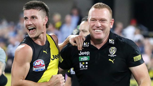 Richmond’s Liam Baker and Justin Leppitsch after the 2020 Grand Final.