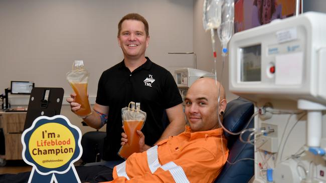 Adrian Farren and Cody Sims and at the Townsville Lifeblood Donor Centre. Picture: Evan Morgan