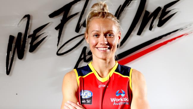 AFLW player Erin Phillips of the Adelaide Crows poses for a portrait at the Crows Headquarters at West Lakes in Adelaide, Thursday, December 12, 2019. Erin Phillips is looking to come back to play this season after a ACL injury in last years AFLW Grand Final. (AAP Image/Kelly Barnes) NO ARCHIVING