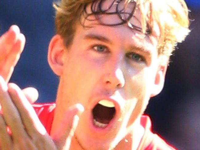 MELBOURNE, AUSTRALIA - MARCH 31:  Tom Lynch of the Suns celebrates a goal during the round two AFL match between the Carlton Blues and the Gold Coast Suns at Etihad Stadium on March 31, 2018 in Melbourne, Australia.  (Photo by Michael Dodge/Getty Images)