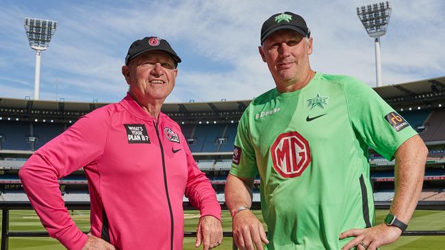 Sydney Sixers Head Coach Greg Shipperd (L) with Melbourne Stars’ David Hussey (R). Picture: Getty