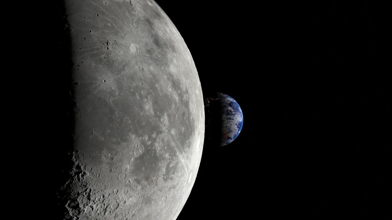 The Earth seen behind the surface of the moon.