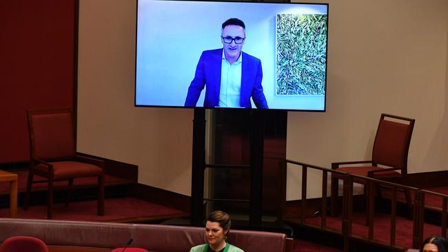 Former Greens Leader and Senator for Victoria Dr Richard Di Natale delivers his valedictory speech via remote video link. Picture: Getty Images