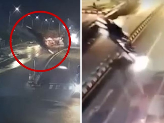 Heartstopping footage has captured the moment a driver plunged off a bridge into oncoming traffic while following Google Maps.