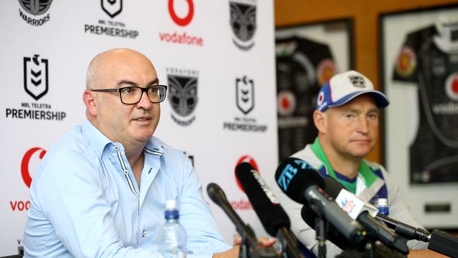 Warriors CEO Cameron George (L) and Head Coach Nathan Brown (R) at the announcement regarding where the Warriors would be based in 2021. Picture: Phil Walter/Getty Images