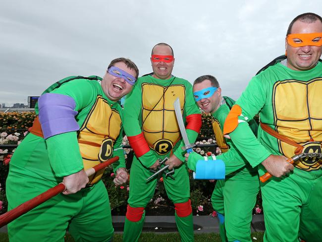 2014 AAMI Victoria Derby Day, Flemington, Victoria. Ninja Turtles Terrence Ravlin, Bruce Baxter, Kurt Goldman and Mitch Walden. Picture: Mark Stewart