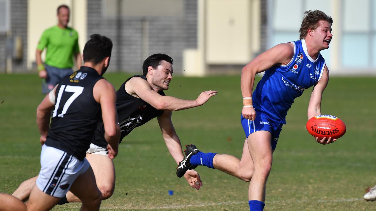 St Peter's Old Collegians v Port District in Division one Adelaide Football League match at St Peter's College, Hackney, Adelaide on Saturday the 27th of July 2019. PD - Mitchell Gaff v STP - James Duncan(AAP Image/Keryn Stevens)