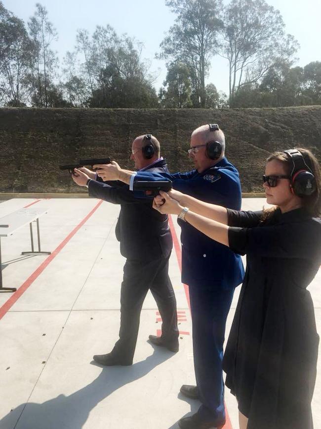 NSW Police Minister David Elliott firing a Glock pistol at John Morony Correctional Centre. Picture: Facebook
