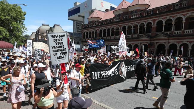 The Freedom Rally in the Brisbane CBD on Saturday. Picture: Annette Dew