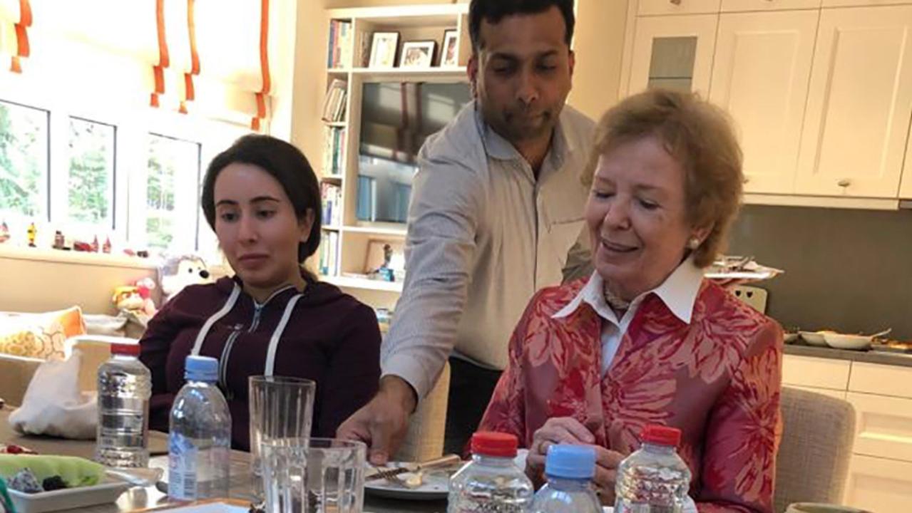 A handout image provided by United Arab Emirates News Agency (WAM) on December 24, 2018 shows Sheikha Latifa bint Mohammed bin Rashid Al-Maktoum (left) having a meal with Mary Robinson, former President of Ireland, at the Latifa’s home in Dubai. Picture: AFP Photo/United Arab Emirates News Agency (WAM)/Stringer/Ho