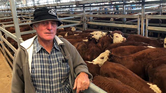 Robert Hiscock from Kilmore doubled last year's weaner price at Wodonga today, selling 44 Hereford steers for $1765-$1810 averaging $1779 (500-555c/kg) compared to $870 a year ago. Picture: Fiona Myers