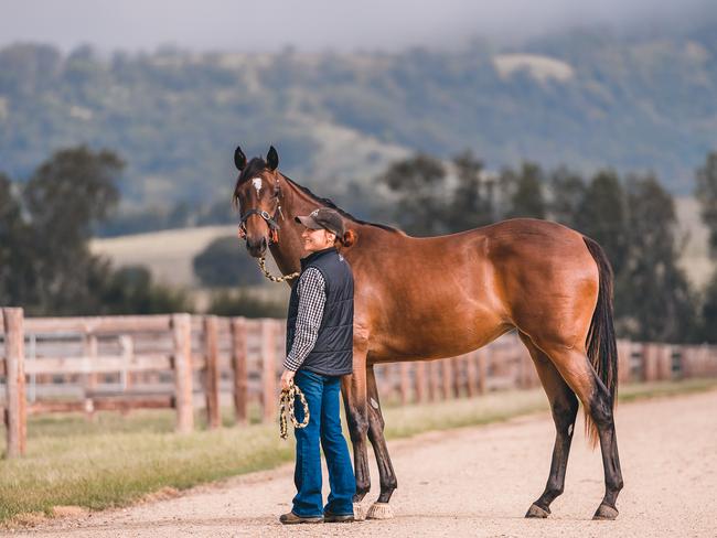 Julie Danet and Lot 17 Snitzel x Politeness filly at Arrowfield Stud in Scone. Picture: Joan Faras