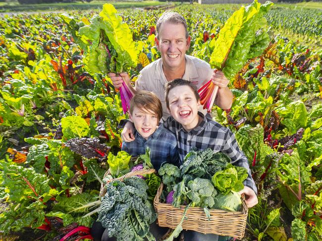 Wayne Shields with sons Oscar 10 and Flynn 12 .Peninsula Fresh have been awarded a $ 300,00 grant from the Coles Nurture fund to transform their irrigation infrastructure.Picture:Rob Leeson