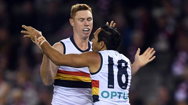 Tom Lynch and Eddie Betts celebrate a Crows goal against the Saints. Picture: AAP Image/Julian Smith