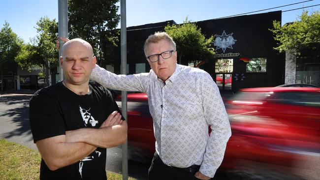 Hoddle St traders Brendan Jupp and Graham Slattery angry at proposed 24/7 clearway. Picture: Alex Coppel.