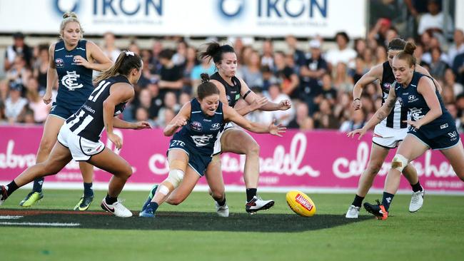 The gates at Ikon Park had to be closed last year when Carlton and Collingwood kicked off the AFLW competition. Picture: George Salpigtidis