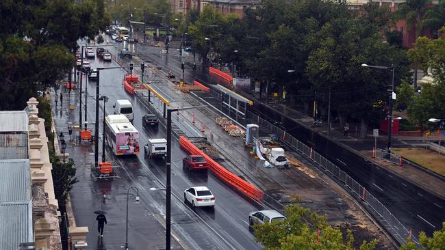 Construction of the tram stop on North Terrace in front of the old RAH, towards East Terrace. Picture: Tom Huntley