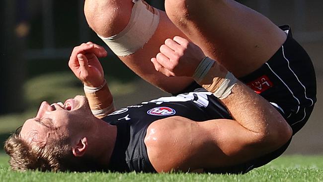 Patrick Cripps shows the pain of an after-the-siren loss. Picture: Michael Klein