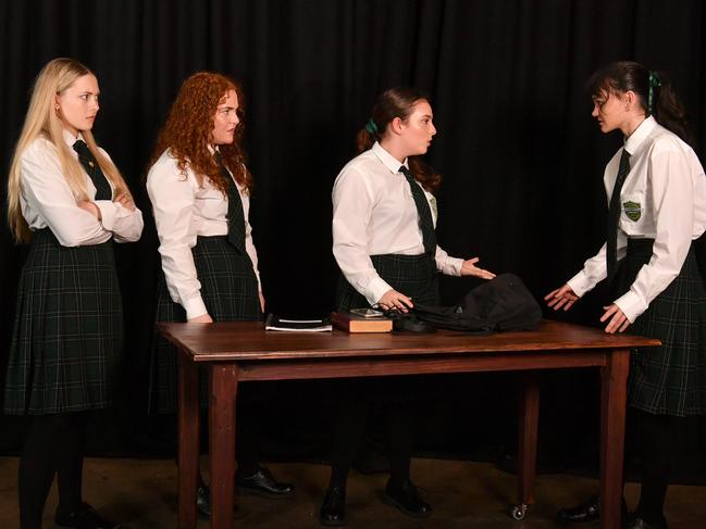 Alyssandra Higgins, Lily Bartlett, Emma Smith, and Ally Armitage-Cosgrove perform in TheatreiNQ's upcoming production PUNKROCK. Picture: Evan Morgan