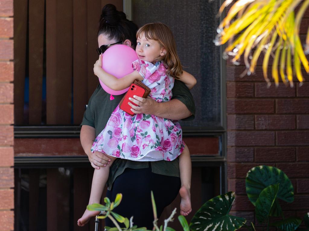 Cleo and her mum Ellie Smith leaving a house where she spent her first night after being rescued in Carnarvon. Picture: AAP