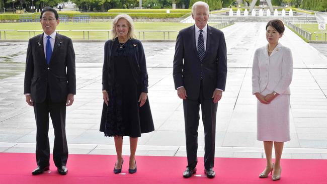 Japanese PM Fumio Kishida, left, Jill Biden, US President Joe Biden and Yuko Kishida at the Peace Memorial Park in Hiroshima on Friday. Picture: AFP