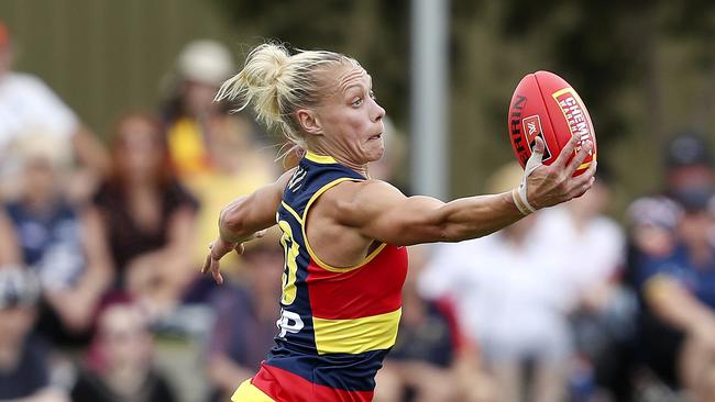 Erin Phillips, pictured in her first game back after an ACL injury, will play on at the Crows in 2021. Picture: SARAH REED.