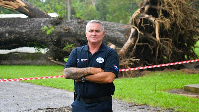 Queensland Fire and Rescue Service station officer Paul Dunn, also a member of the Disaster Assistance Response Team (DART) team, said the Flexible Habitat, also known as a “tent city”, had deployed at the Ingham Showgrounds gymnasium “to support anyone in the field during the disaster”. Picture: Cameron Bates