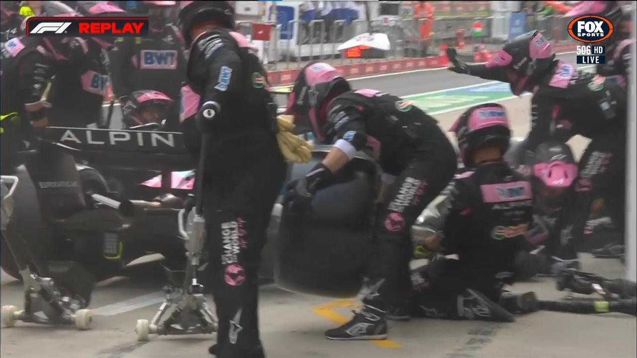 Alpine mechanic hit by the right rear tyre. Photo: Fox Sports