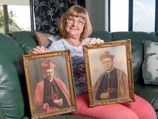 Mackay resident Sharmaine Moyle found these old portraits in a box of gardening tools she bought at a garage sale. They are the 5th Bishop of Rockhampton, Romuald Hayes and 6th Bishop of Rockhampton Andrew Tynan. Picture: Emma Murray