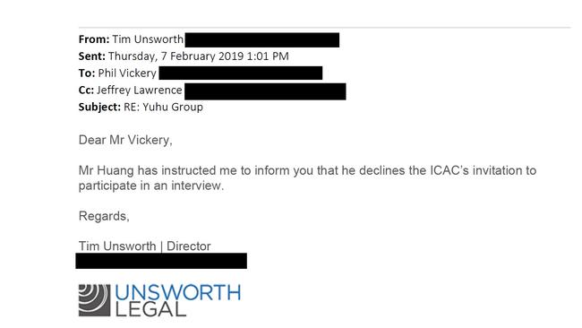 Mr Huang's note to decline being interviewed by ICAC.